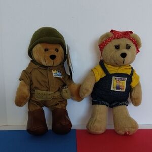 2004 Pair of USPS STAMP Bear Dolls in Olive Army & Yellow And Denim Outfits